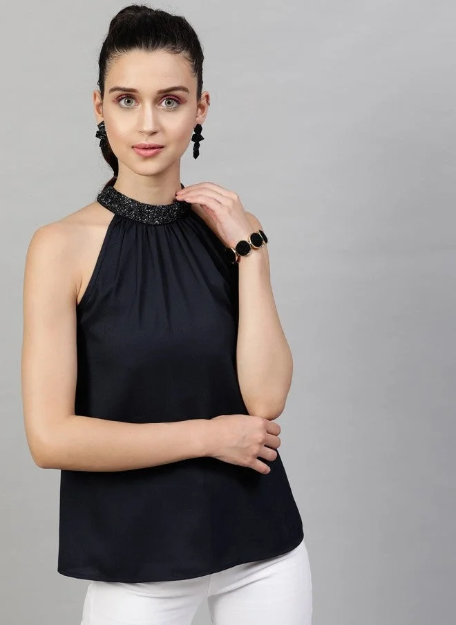 Navy Blue Embellished Halter Neck Top for Women