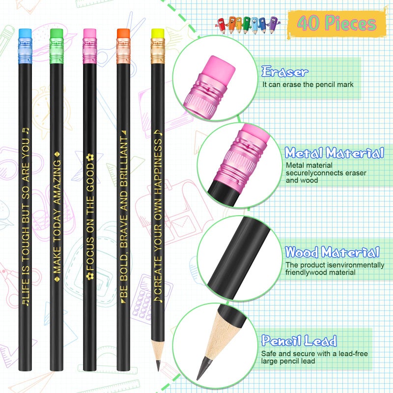 Eersida 40pcs Color Changing Mood Pencils Fun Pencils Bulk for Kids Students Motivational Pencil 2B Assorted Thermochromic Pencil with Eraser (Inspirational) - Image 3