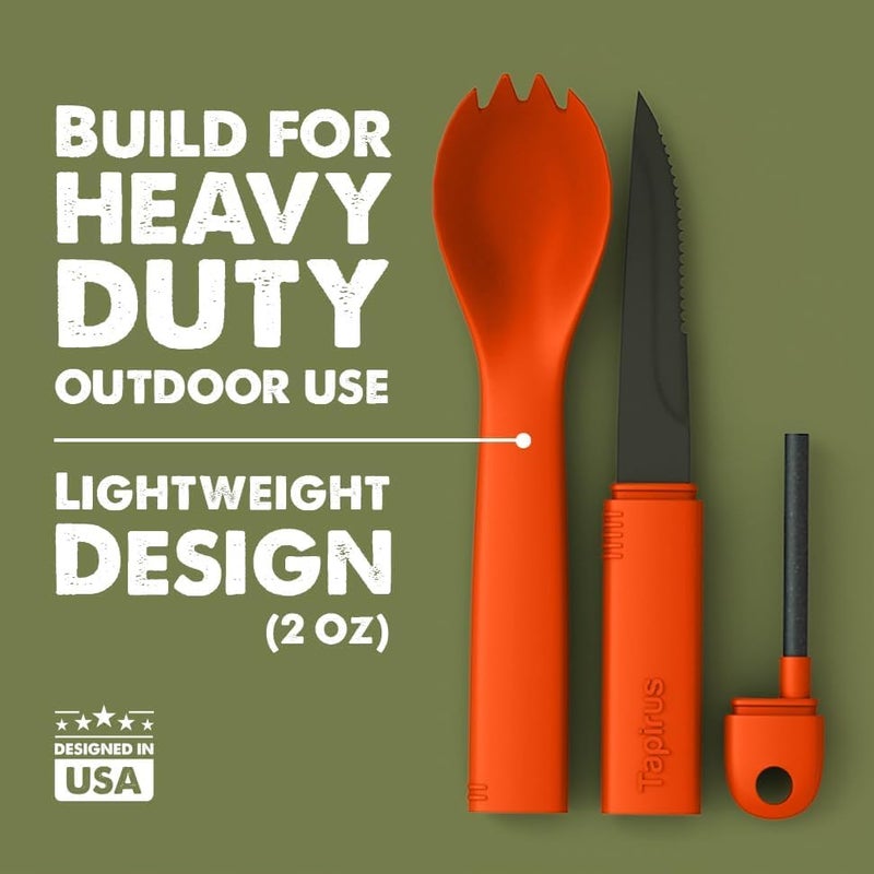 Tapirus Spork Tactical Orange | BPA Free Spoon Fork, Stainless Steel Knife and Fire Starter | 3 in 1 multipurpose utensil | Outdoor hiking, camping & backpacking gear | Fit for MRE - Image 4