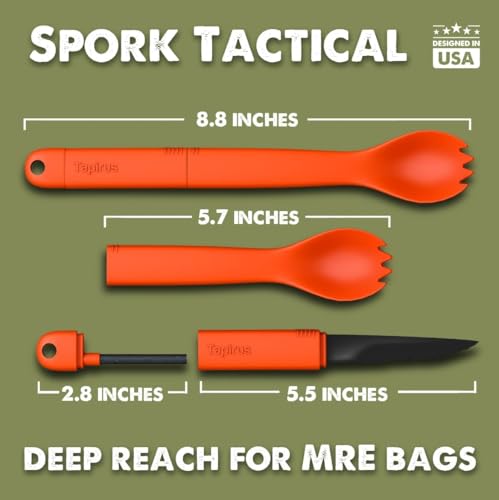 Tapirus Spork Tactical Orange | BPA Free Spoon Fork, Stainless Steel Knife and Fire Starter | 3 in 1 multipurpose utensil | Outdoor hiking, camping & backpacking gear | Fit for MRE - Image 2
