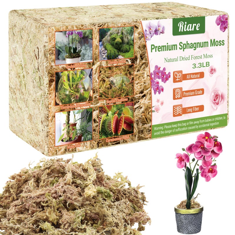 Riare 3.3 LB Premium Sphagnum Moss for Plants- 60QT Natural Long Fibered Sphagnum Peat Moss Plants Moss Dried, Carnivorous Plants Moss Orchid Potting Mix for Orchids, Carnivorous Plants, Succulent - Image 1