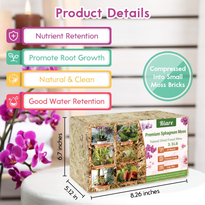 Riare 3.3 LB Premium Sphagnum Moss for Plants- 60QT Natural Long Fibered Sphagnum Peat Moss Plants Moss Dried, Carnivorous Plants Moss Orchid Potting Mix for Orchids, Carnivorous Plants, Succulent - Image 2