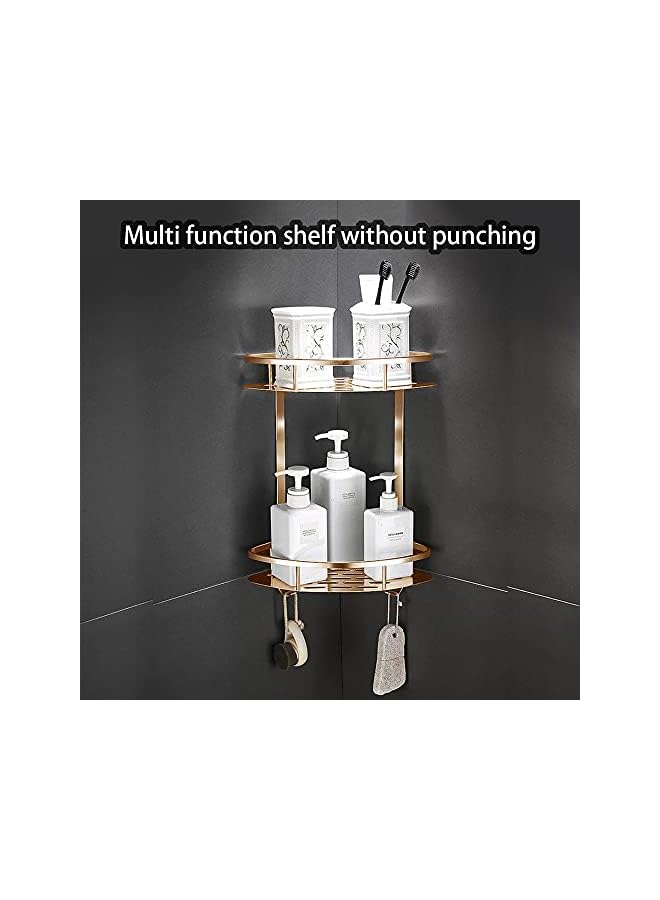 vesus No Drilling Bathroom Corner Shelf Drill-Free with Hooks Aluminum Stainless Steel Shower Shelves Kitchen Storage Basket - 2 Tier (Gold) - Image 3