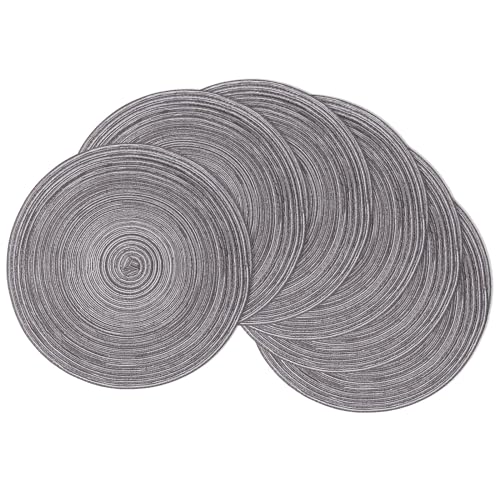 SHACOS Round Braided Placemats Set of 6 Round Table Mats 15 inch Cotton Washable for Holiday Party Black Grey 6