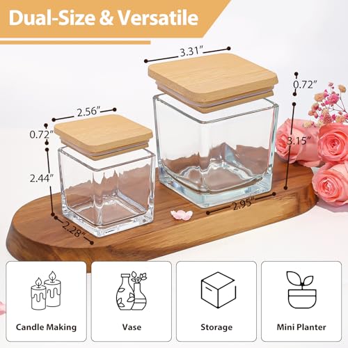 CONNOO 12 Pack 9oz, 3oz Clear Square Candle Jars for Making Candles, Thick Glass Bulk Empty Candle Containers with Airtight Bamboo Lids for Candle Making, Sticky Warning Labels - Dishwasher Safe - Image 4