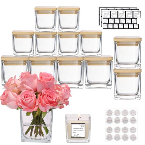 CONNOO 12 Pack 9oz, 3oz Clear Square Candle Jars for Making Candles, Thick Glass Bulk Empty Candle Containers with Airtight Bamboo Lids for Candle Making, Sticky Warning Labels - Dishwasher Safe - Image 1