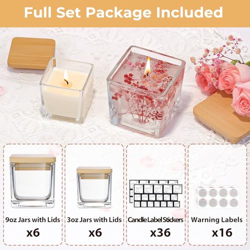 CONNOO 12 Pack 9oz, 3oz Clear Square Candle Jars for Making Candles, Thick Glass Bulk Empty Candle Containers with Airtight Bamboo Lids for Candle Making, Sticky Warning Labels - Dishwasher Safe - Image 5