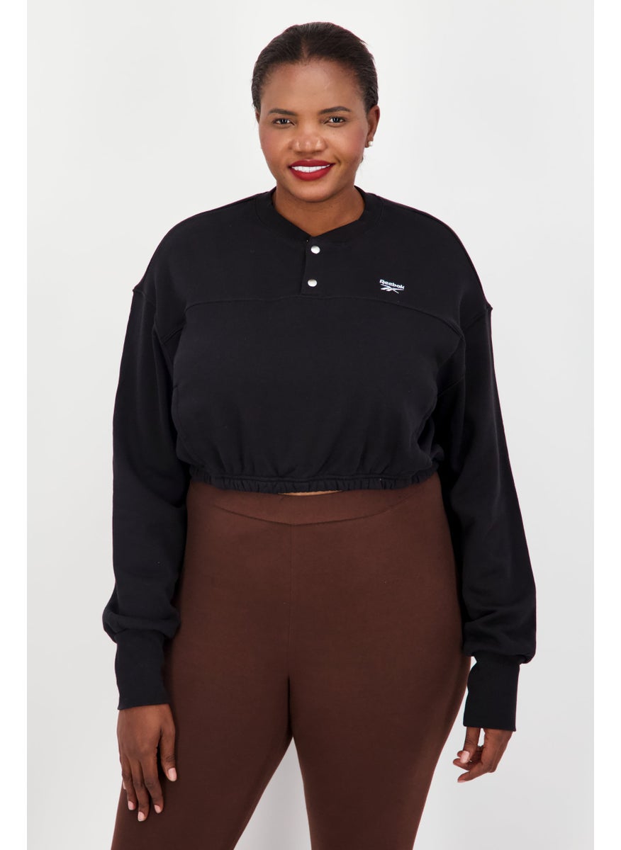 Reebok Women Plus Size V Neck Long Sleeve Outdoor Sweatshirt, Black  - Image 1