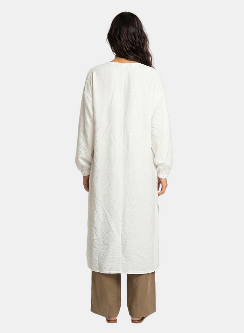 RAVIN Women White Crinkled Texture Longline Open Front Cardigan - Image 2