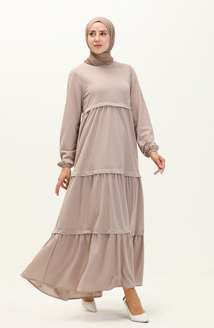Sefa Merve Elastic Sleeve Plain Dress 8888-05 Beige  - Image 2