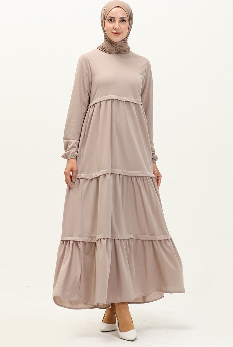 Sefa Merve Elastic Sleeve Plain Dress 8888-05 Beige  - Image 1