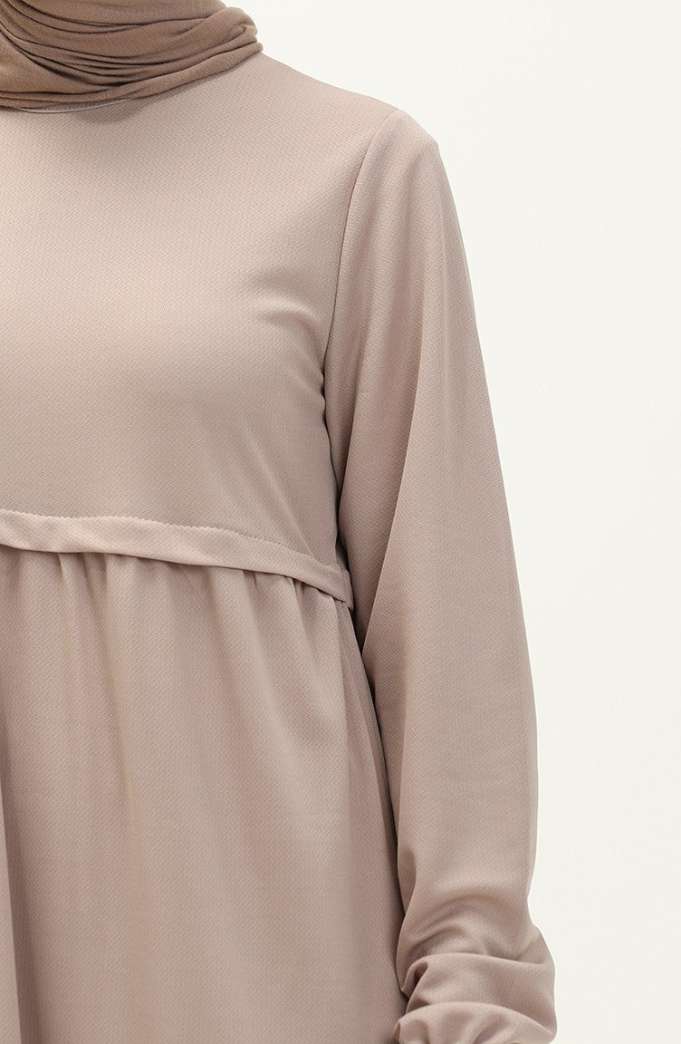 Sefa Merve Elastic Sleeve Plain Dress 8888-05 Beige  - Image 4