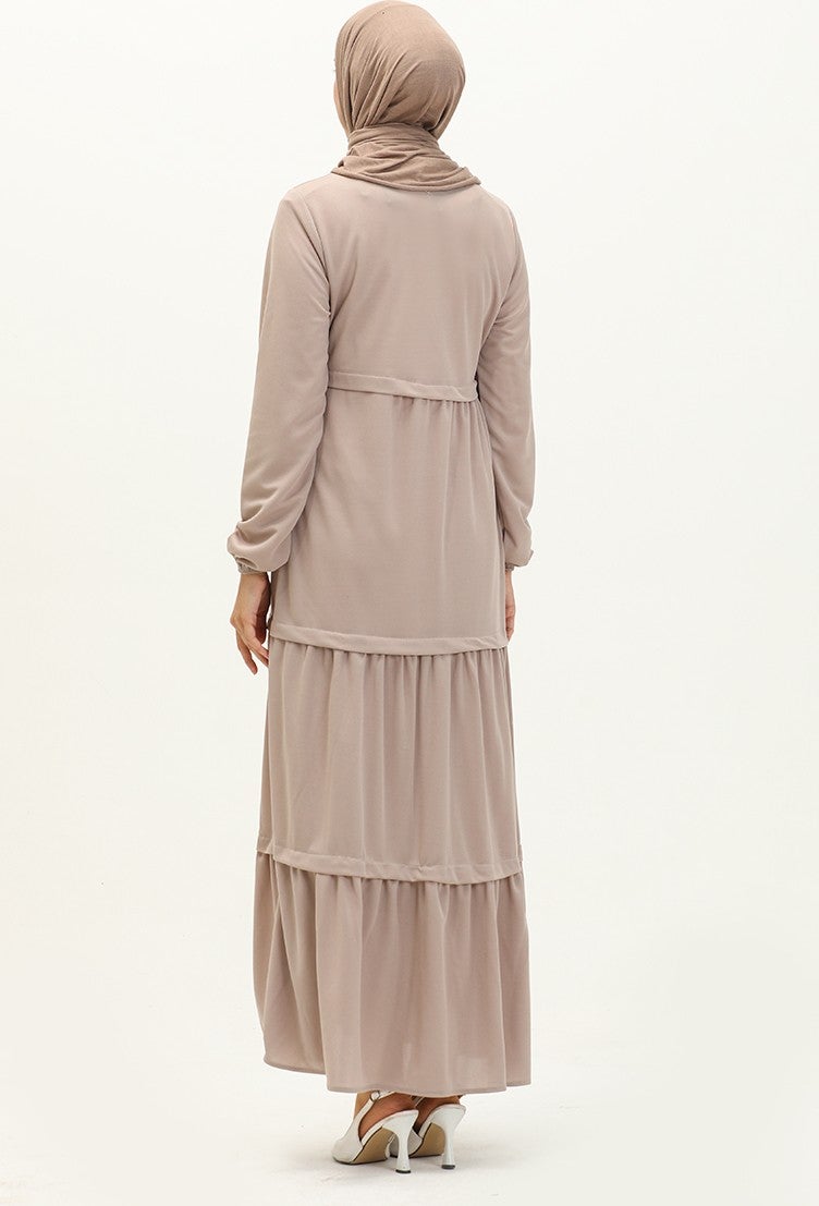 Sefa Merve Elastic Sleeve Plain Dress 8888-05 Beige  - Image 5