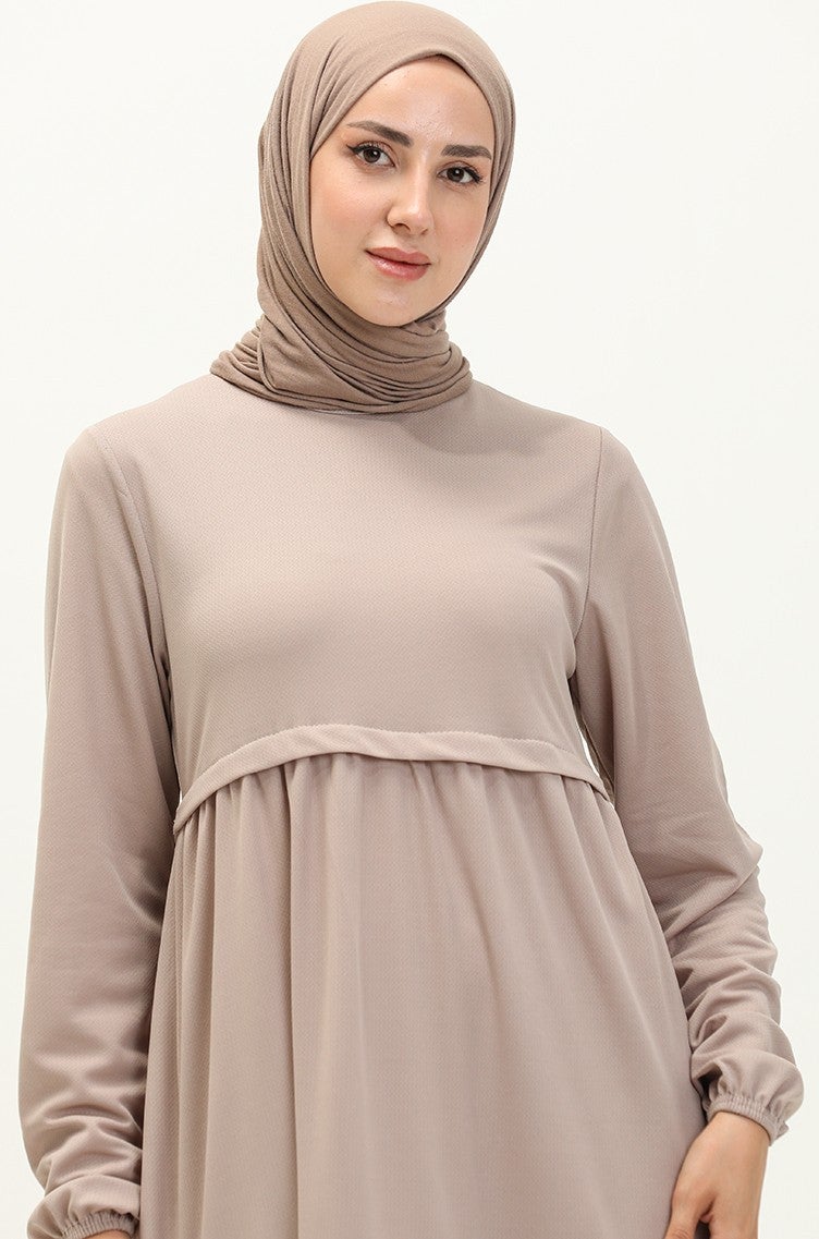 Sefa Merve Elastic Sleeve Plain Dress 8888-05 Beige  - Image 3