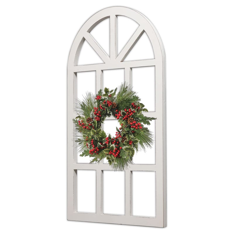 Sintosin Farmhouse Window Frame Wall Decor Living Room 36" x 20", Hanging Distressed White Rustic Arched Window Frame for Christmas, Wooden Cathedral Window Frames for Wall Decor - Image 1