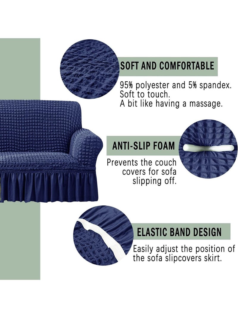 VORHANG Stretch Sofa Slipcover Easy Fitted Sofa Couch Cover with Skirt (Navy Blue -3 Seater) Pack of 1 - Image 3