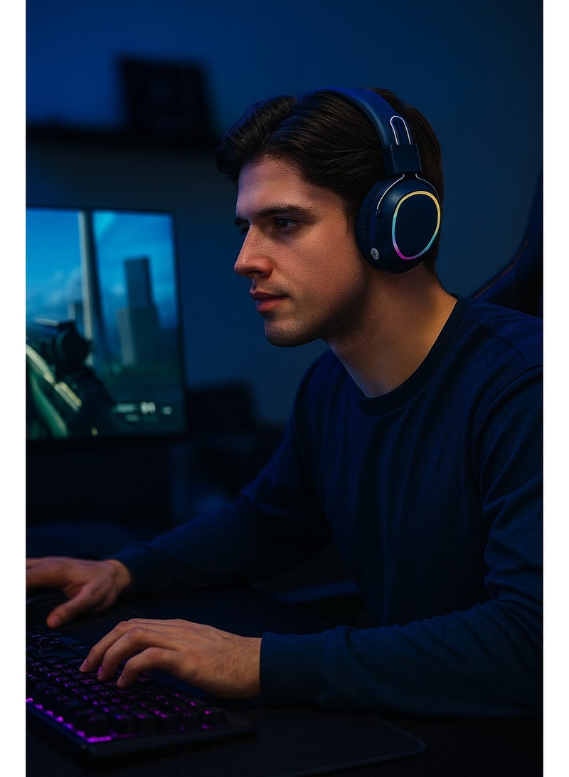 JL580 Wireless Headphones - Pure Bass Sound - Foldable, Powerful Sound, and Colorful LED Noise Cancelling Lighting - Navy Blue - Image 3