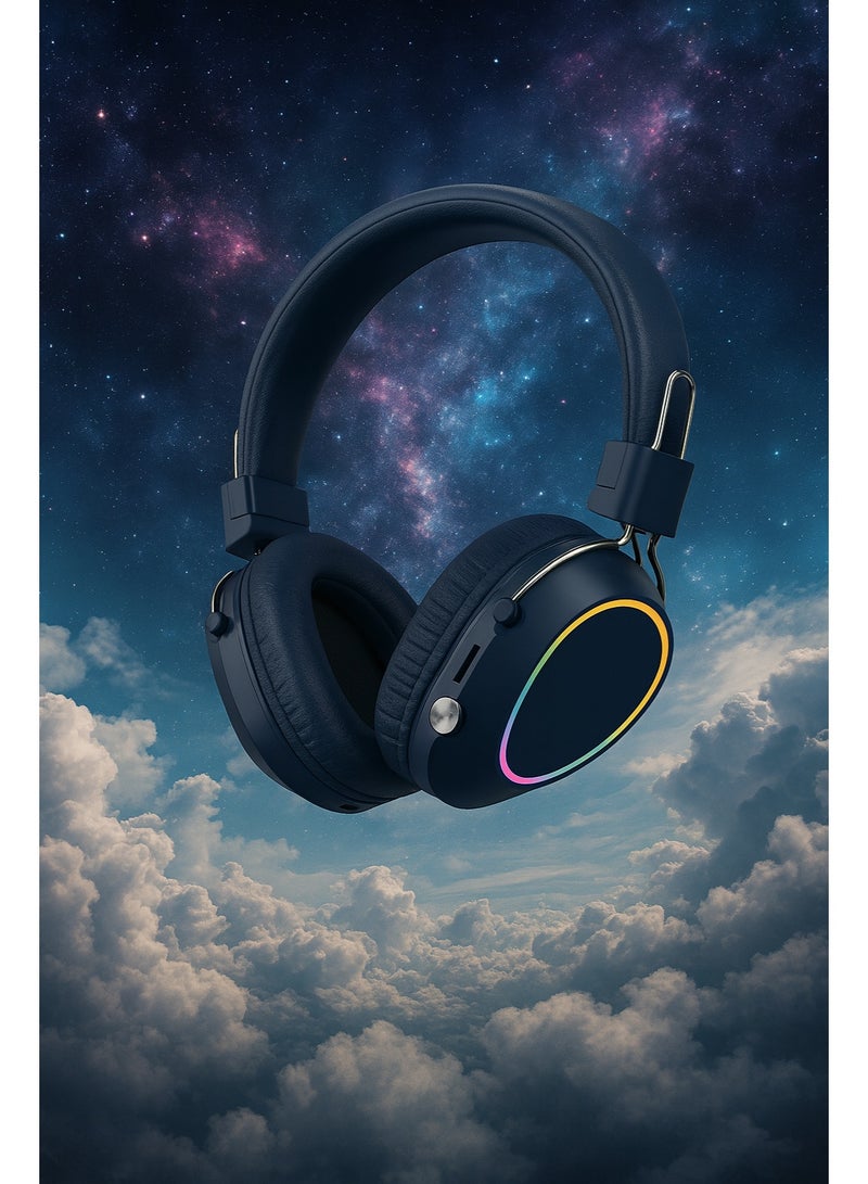 JL580 Wireless Headphones - Pure Bass Sound - Foldable, Powerful Sound, and Colorful LED Noise Cancelling Lighting - Navy Blue - Image 5