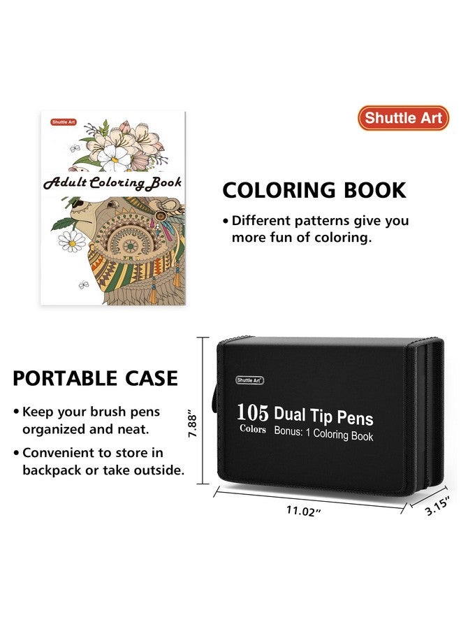Shuttle Art Dual Tip Brush Pens Art Markers 105 Colors Fine And Brush Dual Tip Markers Set In Portable Case With 1 Coloring Book For Kids Adult Artist Coloring Calligraphy Journal Doodling - Image 2