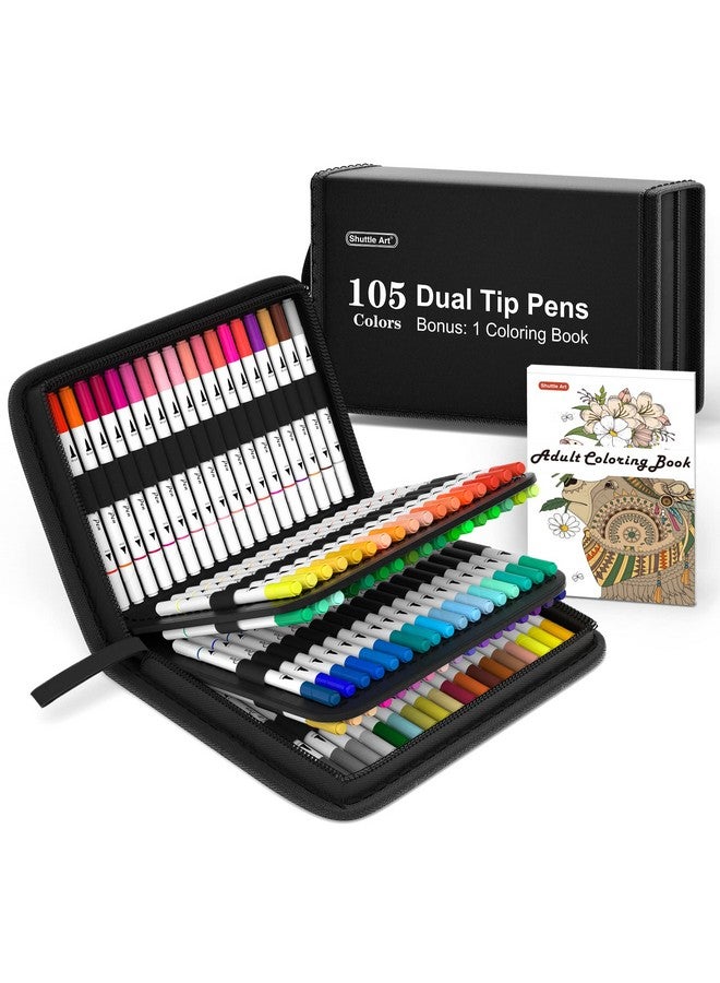 Shuttle Art Dual Tip Brush Pens Art Markers 105 Colors Fine And Brush Dual Tip Markers Set In Portable Case With 1 Coloring Book For Kids Adult Artist Coloring Calligraphy Journal Doodling - Image 1
