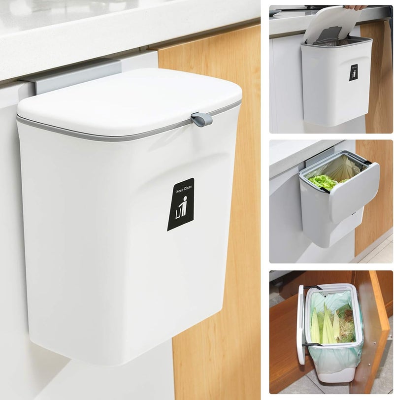 Tiyafuro 2.4 Gallon Kitchen Compost Bin for Counter Top or Under Sink, Hanging Small Trash Can with Lid for Cupboard/Bathroom/Bedroom/Office/Camping, Mountable Indoor Compost Bucket, White - Image 1