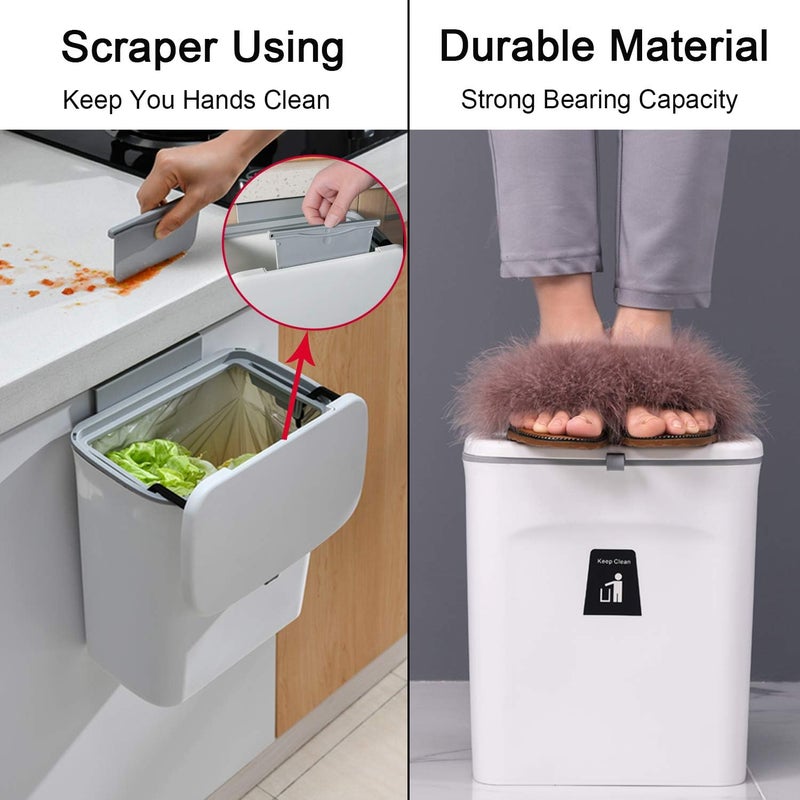 Tiyafuro 2.4 Gallon Kitchen Compost Bin for Counter Top or Under Sink, Hanging Small Trash Can with Lid for Cupboard/Bathroom/Bedroom/Office/Camping, Mountable Indoor Compost Bucket, White - Image 5