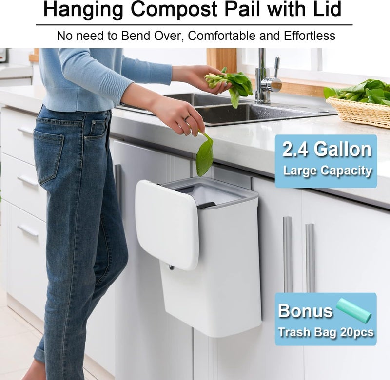 Tiyafuro 2.4 Gallon Kitchen Compost Bin for Counter Top or Under Sink, Hanging Small Trash Can with Lid for Cupboard/Bathroom/Bedroom/Office/Camping, Mountable Indoor Compost Bucket, White - Image 2