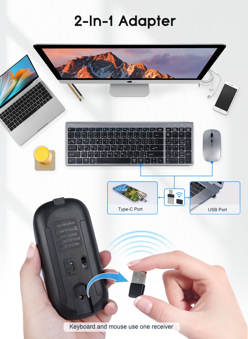 Necomi Arabic/English Wireless Keyboard and Mouse Combo, Slim Wireless Bluetooth Keyboard & Mouse Combo,5 in 1 Bluetooth & 2.4GHz & USB C Receiver, Whisper-Quiet, Rechargeable Thin Compact, PC/Laptop/Windows/Mac - Image 3