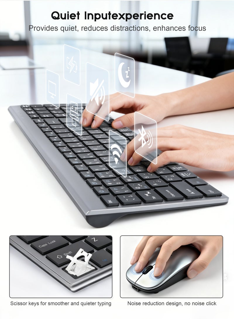 Necomi Arabic/English Wireless Keyboard and Mouse Combo, Slim Wireless Bluetooth Keyboard & Mouse Combo,5 in 1 Bluetooth & 2.4GHz & USB C Receiver, Whisper-Quiet, Rechargeable Thin Compact, PC/Laptop/Windows/Mac - Image 4