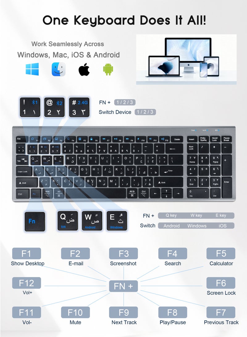 Necomi Arabic/English Wireless Keyboard and Mouse Combo, Slim Wireless Bluetooth Keyboard & Mouse Combo,5 in 1 Bluetooth & 2.4GHz & USB C Receiver, Whisper-Quiet, Rechargeable Thin Compact, PC/Laptop/Windows/Mac - Image 5