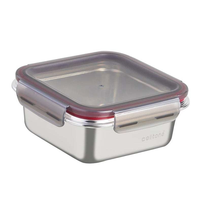 Celltone Fridge to Oven Microwave Safe Stainless Steel Reusable Food Storage Containers with LeakProof and Airtight Lids Square 850 ML - Image 1