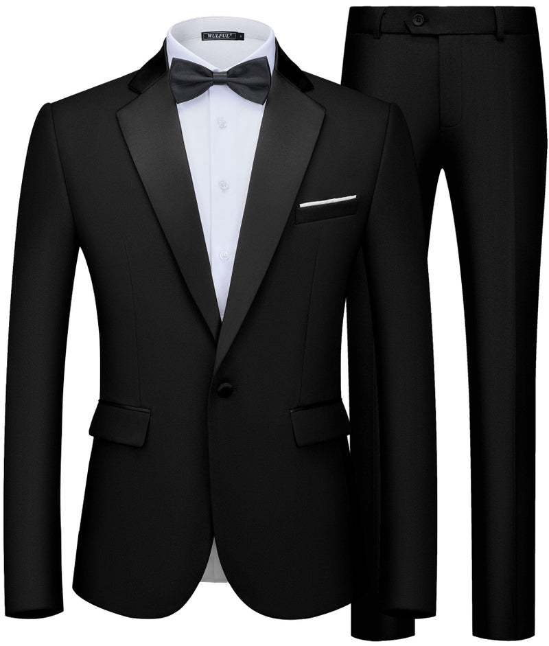 WULFUL Men's 2 Piece Slim Fit Suit Set One Button Blazer Jacket Pants Tuxedo Set for Prom, Wedding and Business Black - Image 1