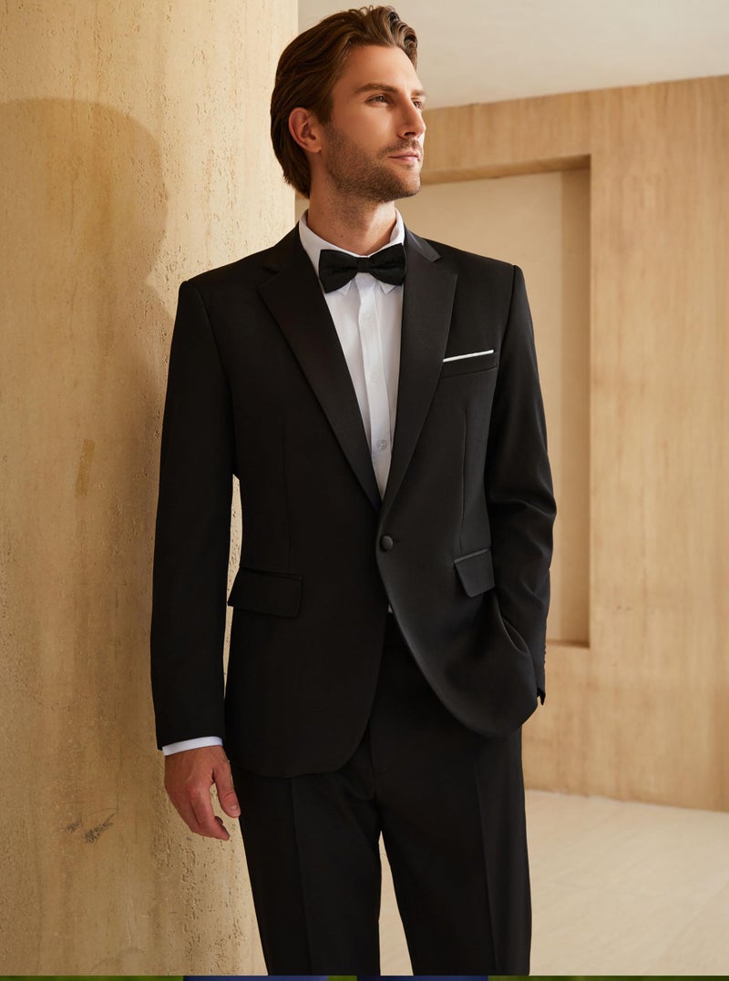 WULFUL Men's 2 Piece Slim Fit Suit Set One Button Blazer Jacket Pants Tuxedo Set for Prom, Wedding and Business Black - Image 2