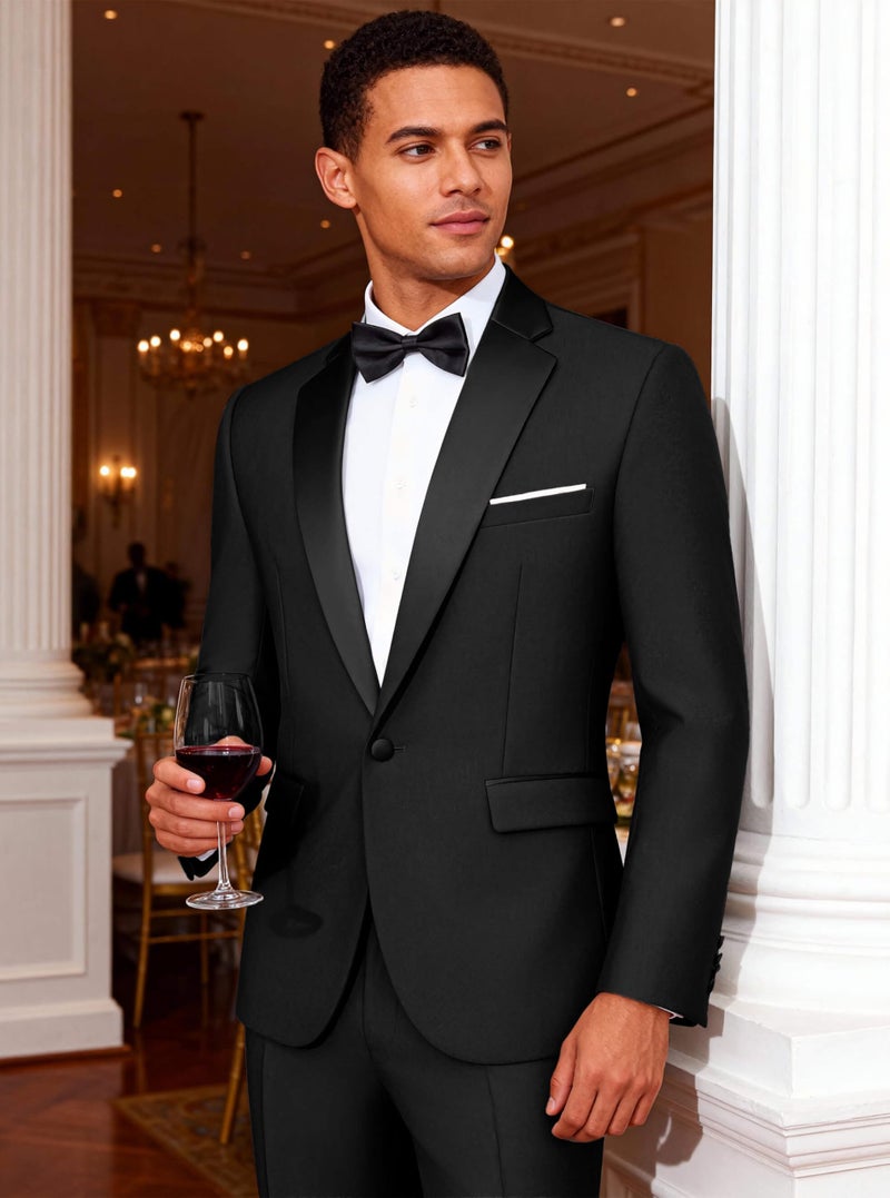 WULFUL Men's 2 Piece Slim Fit Suit Set One Button Blazer Jacket Pants Tuxedo Set for Prom, Wedding and Business Black - Image 3