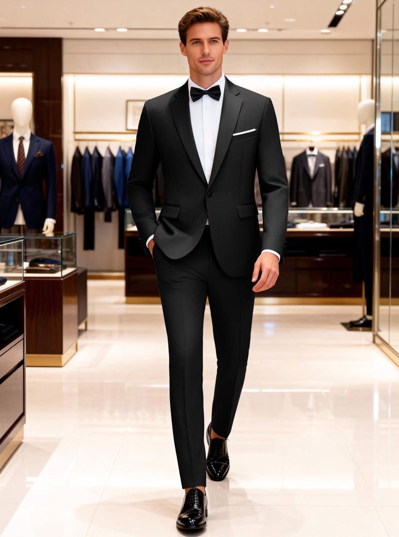WULFUL Men's 2 Piece Slim Fit Suit Set One Button Blazer Jacket Pants Tuxedo Set for Prom, Wedding and Business Black - Image 4