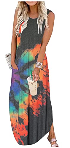 CHUNTIANRAN Sundresses for Women Summer Casual Maxi Dress Hawaiian Beach Vacation Long Dresses Rainbow T Shirts Dresses with Pockets(Reverse Rainbow-Grey,Small) - Image 5