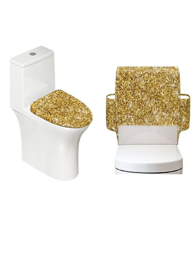 غطاءان لخزان المرحاض من Noprintge Bling Gold Print، قطعتان، قابلان لإعادة الاستخدام، مناسبان للمراحيض الطويلة والمستديرة والمستطيلة والبيضاوية. - Image 1