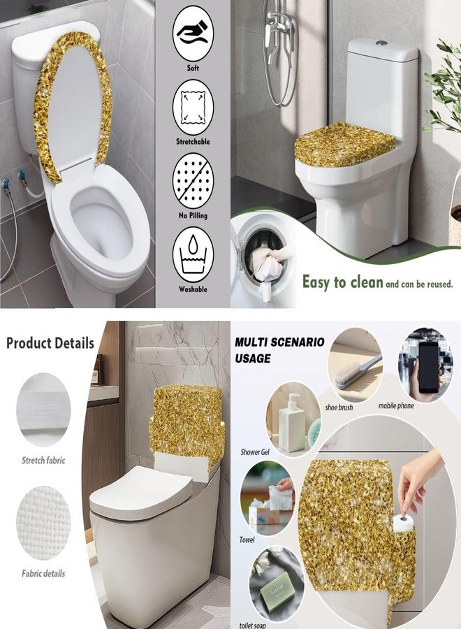 غطاءان لخزان المرحاض من Noprintge Bling Gold Print، قطعتان، قابلان لإعادة الاستخدام، مناسبان للمراحيض الطويلة والمستديرة والمستطيلة والبيضاوية. - Image 3