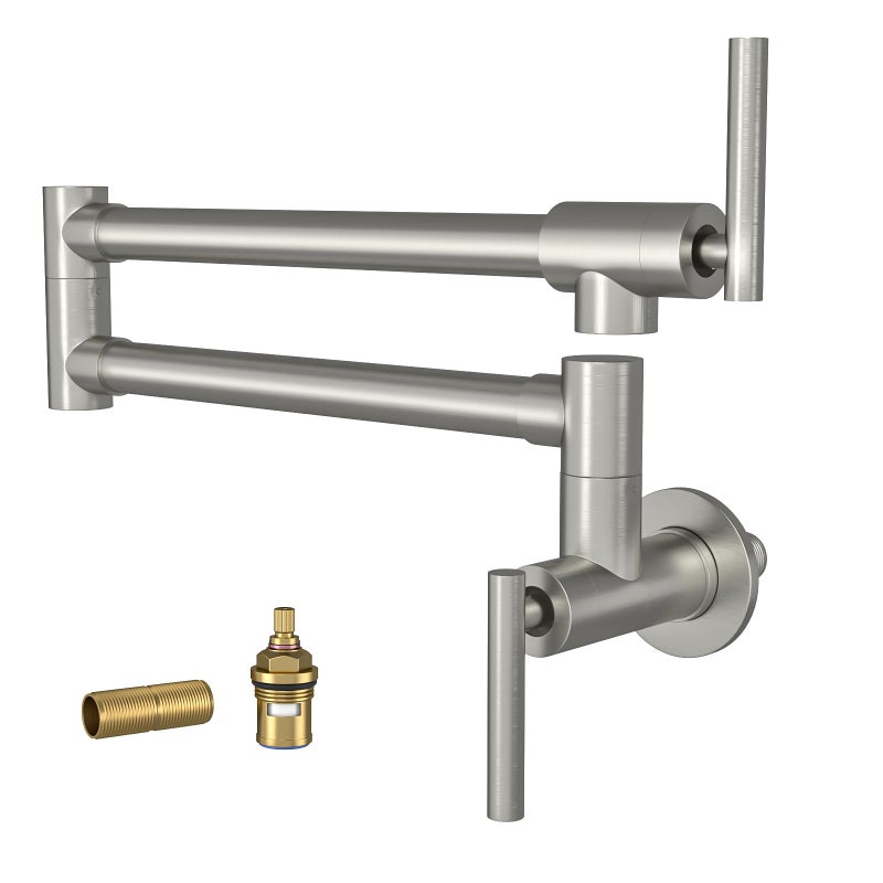 Lordear Pot Filler Faucet Brushed Nickel Finish Commercial Wall Mount Stove Kitchen Faucet, Stainless Steel Folding Faucet Over Stove, Kitchen Faucet with Double Joint Swing Arms - Image 1