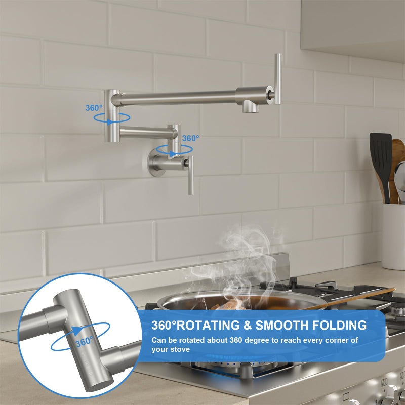 Lordear Pot Filler Faucet Brushed Nickel Finish Commercial Wall Mount Stove Kitchen Faucet, Stainless Steel Folding Faucet Over Stove, Kitchen Faucet with Double Joint Swing Arms - Image 3