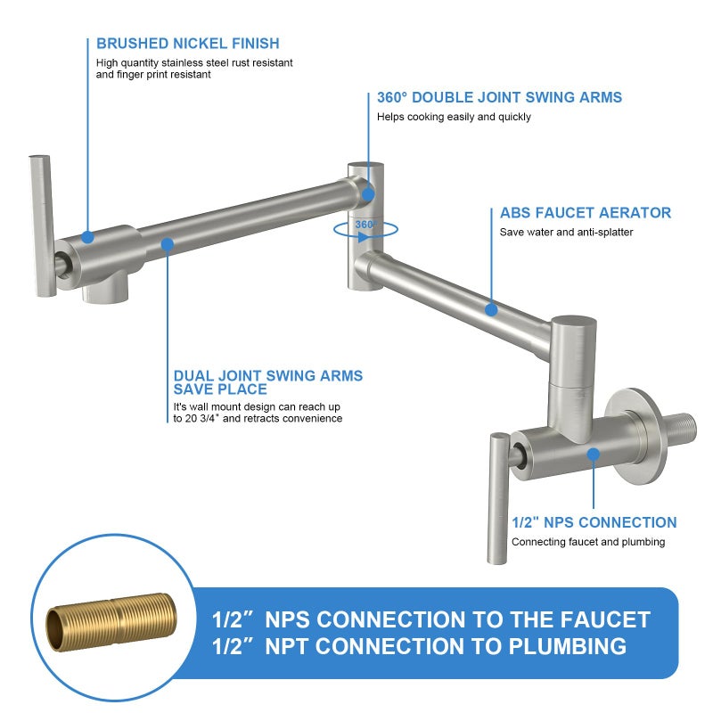 Lordear Pot Filler Faucet Brushed Nickel Finish Commercial Wall Mount Stove Kitchen Faucet, Stainless Steel Folding Faucet Over Stove, Kitchen Faucet with Double Joint Swing Arms - Image 5