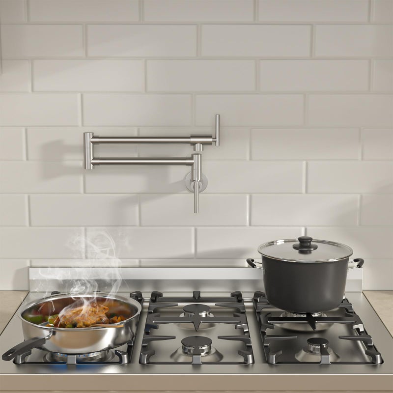 Lordear Pot Filler Faucet Brushed Nickel Finish Commercial Wall Mount Stove Kitchen Faucet, Stainless Steel Folding Faucet Over Stove, Kitchen Faucet with Double Joint Swing Arms - Image 2