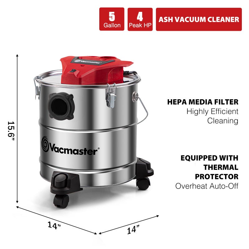Vacmaster Vac EAV508S 1102 5-Gallon 3.5 Peak HP Premium Stainless Steel Ash Vacuum, Red Edition - Image 3