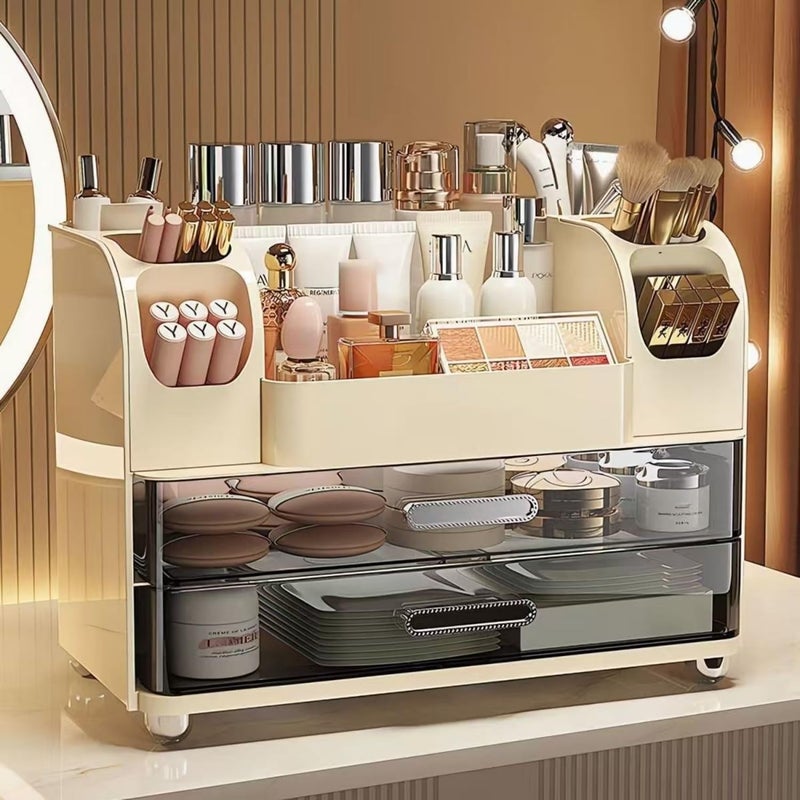 Heaime Makeup Organizer with Drawers for Vanity,Bathroom Countertop Organizer with Brushes Holder,Skincare Storage Organizer,Perfect Cosmetic Display Case for Skincare,Lipstick and Beauty Essential (Cream) - Image 2