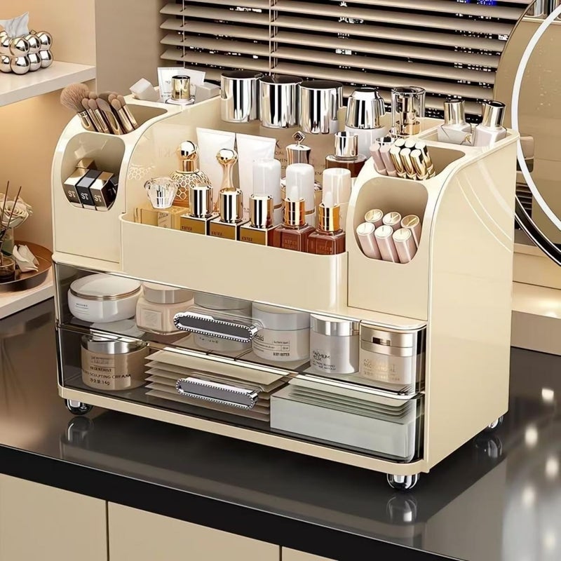 Heaime Makeup Organizer with Drawers for Vanity,Bathroom Countertop Organizer with Brushes Holder,Skincare Storage Organizer,Perfect Cosmetic Display Case for Skincare,Lipstick and Beauty Essential (Cream) - Image 1