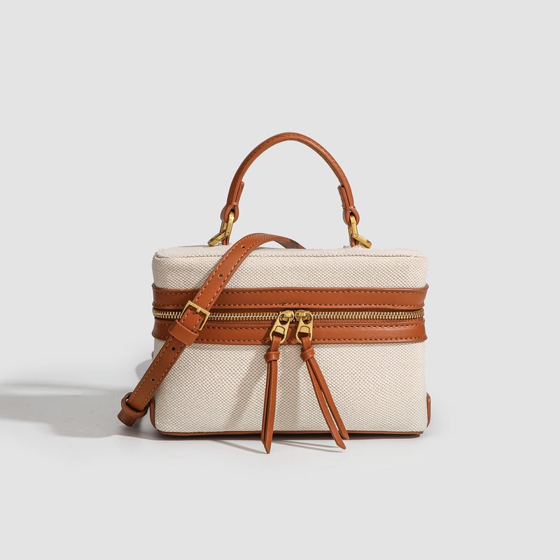 حقيبة صندوق قماشية بتصميم عصري وفاخر مع خياطة بألوان متباينة، حقيبة كتف متعددة الاستخدامات، حقيبة صغيرة مربعة - Image 1