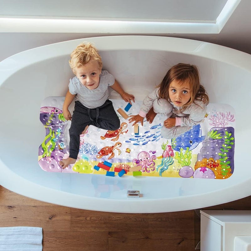 Bath Mat for Kids Toddler Baby, Extra Long 100x40cm Non-Slip Baby Shower Bath Mat with Suction Cups (Ocean Animal-Horizontal) - Image 2