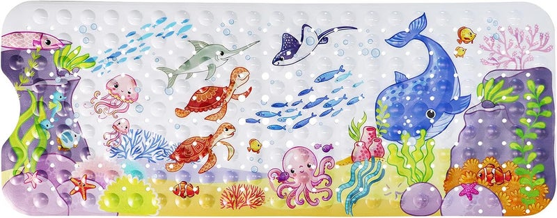 Bath Mat for Kids Toddler Baby, Extra Long 100x40cm Non-Slip Baby Shower Bath Mat with Suction Cups (Ocean Animal-Horizontal) - Image 1