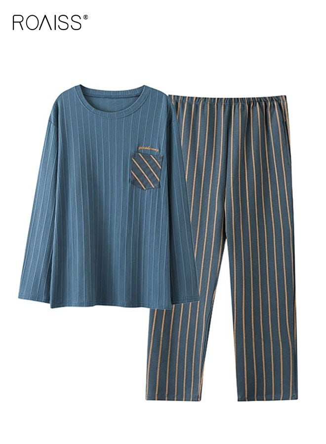 رويس طقم بيجامة رجالي مخطط طويل من القطن برقبة دائرية طقم بيجامات رجالي صيفي بخصر مطاطي ملابس نوم مريحة ملابس نوم علوية مخططة وسروال طويل ملابس نوم للرجال مع جيب - Image 1
