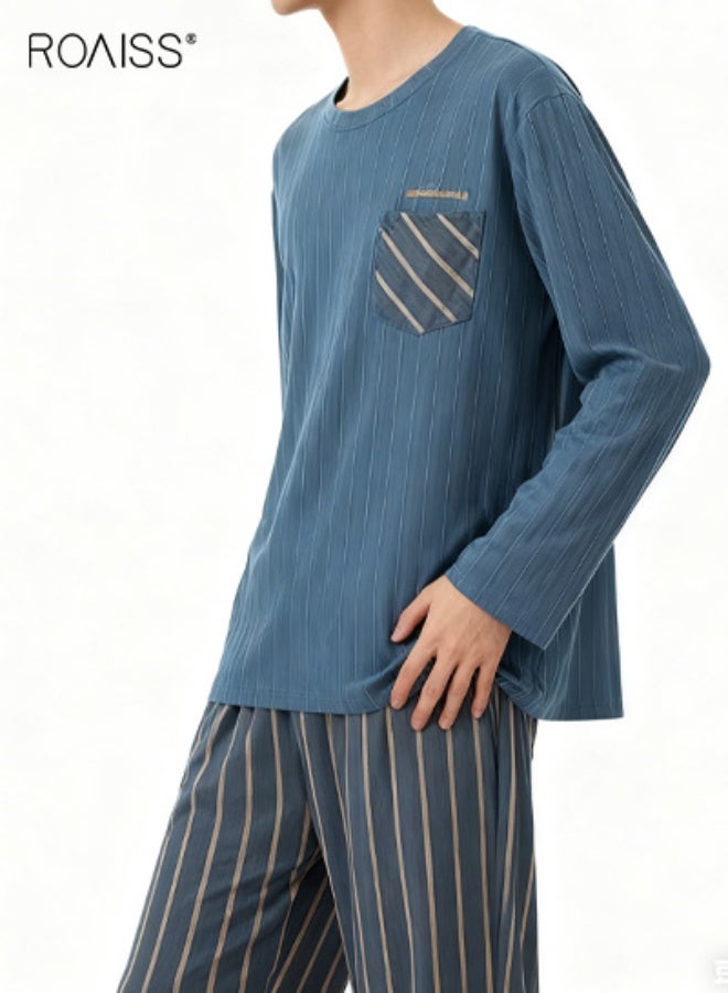 رويس طقم بيجامة رجالي مخطط طويل من القطن برقبة دائرية طقم بيجامات رجالي صيفي بخصر مطاطي ملابس نوم مريحة ملابس نوم علوية مخططة وسروال طويل ملابس نوم للرجال مع جيب - Image 5